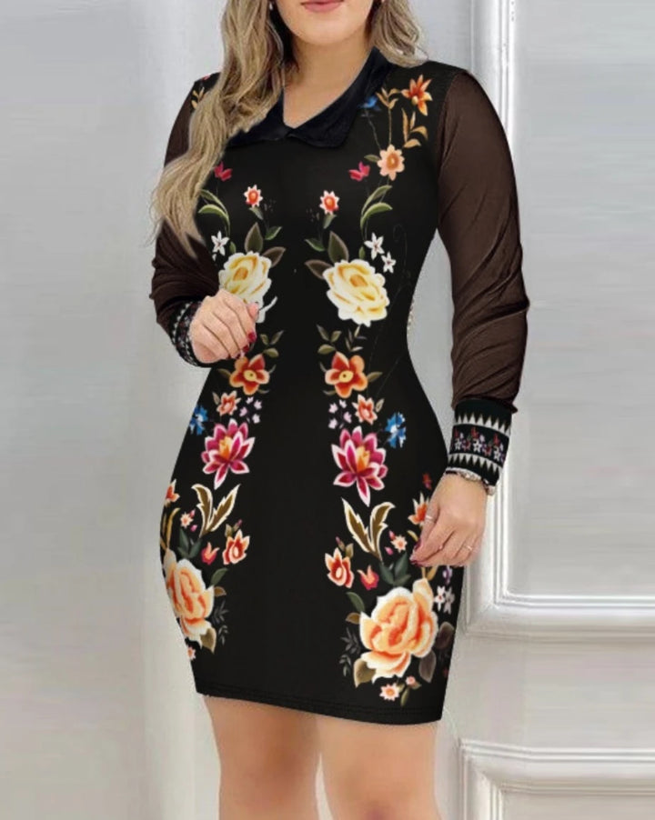 Elegant  Dress For Women Fall Mesh Long Sleeve Turn-down Collar Printed Dress