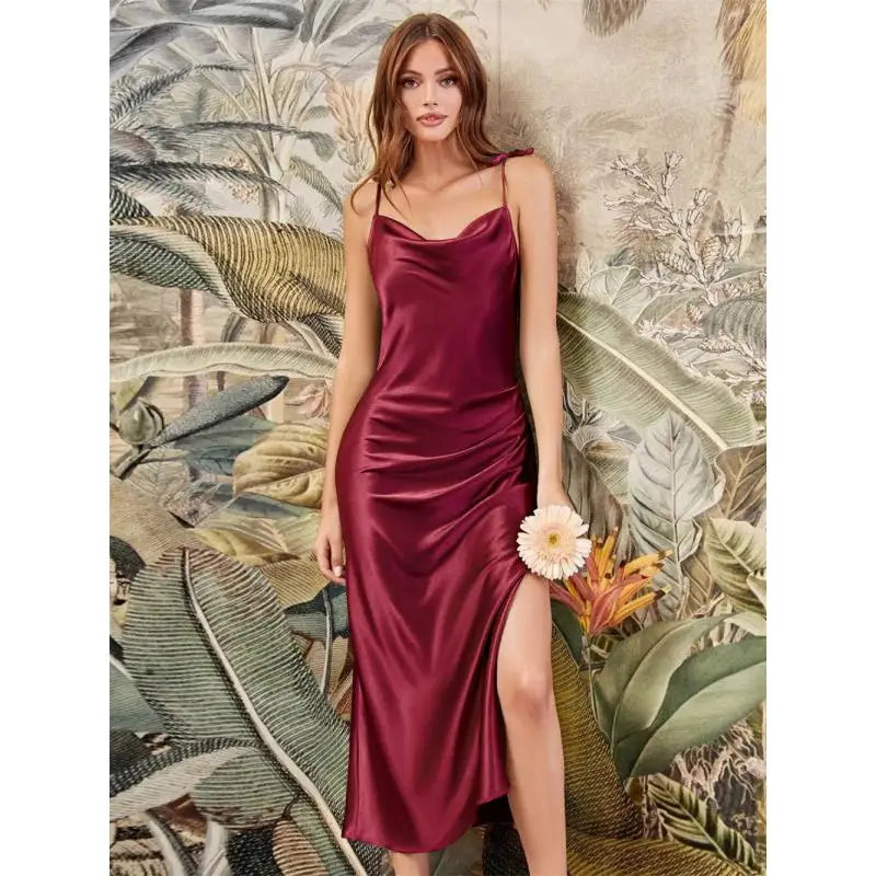 MisShow Midi Satin Slim Evening Dresses Sexy High Slit Tea Length  Spaghetti Straps Prom Formal Cocktail Party Gowns Navy Blue