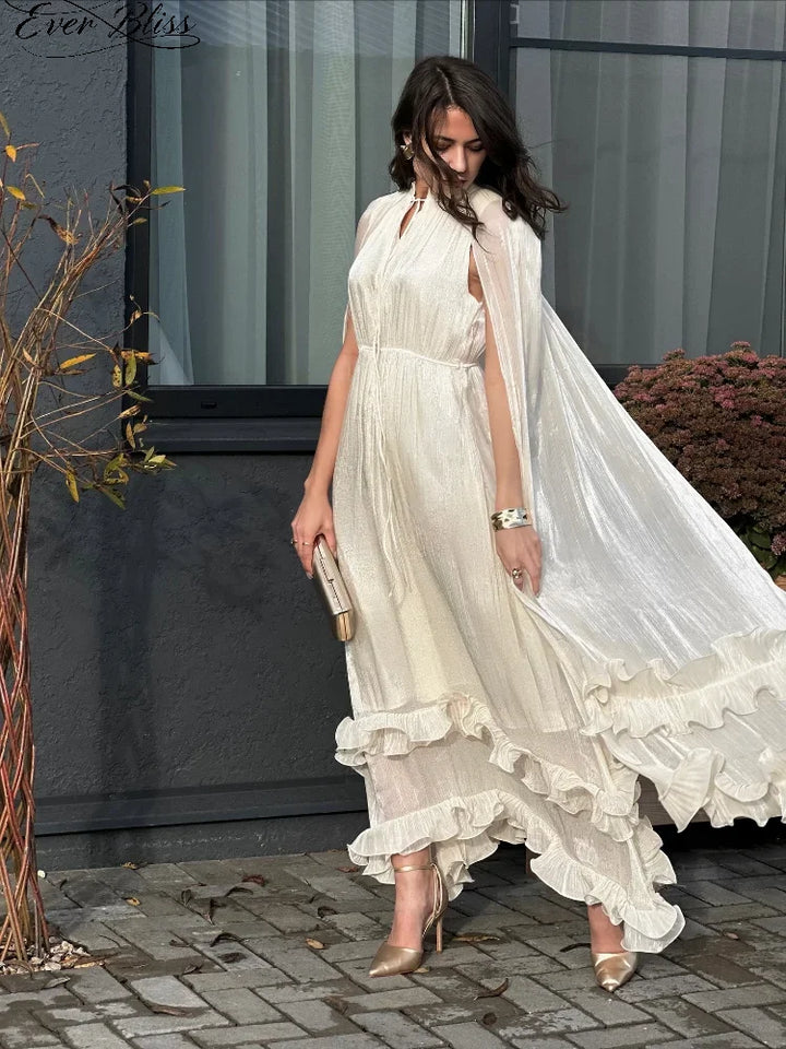 Off-White Cape Sleeve Maxi Dress Women Stand Collar Tiered Ruffle Hem Formal Evening Gown 2026
