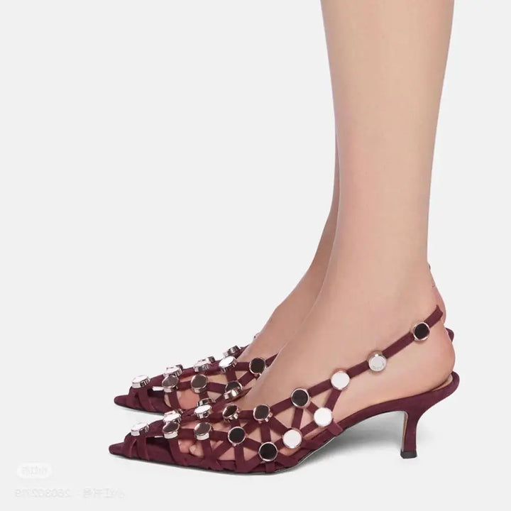 Summer Women Burgundy Suede Cutout Kitten Heel Slingback Sandals Metal Disc Decoration Pointed Toe Elegant Evening Party Pumps