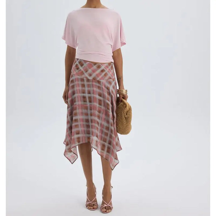 Summer Midi Skirts for Women Side Zipper Low Waist Y2k Vintage Graphic Tie-dye Plaid Print Irregular Ruffle Hem Skirt