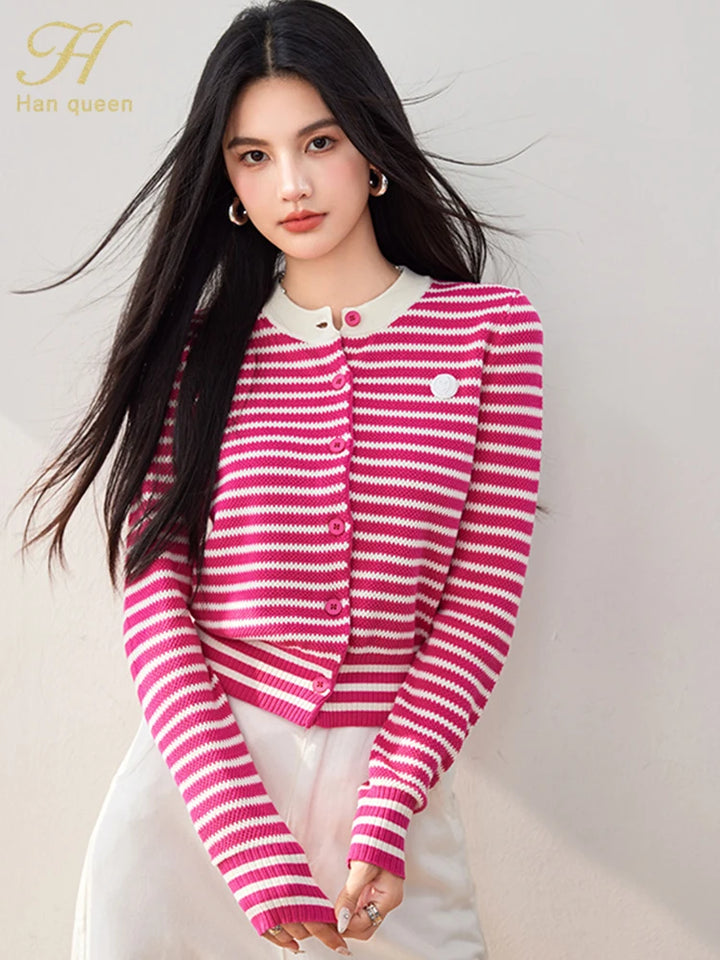 H Han Queen Korean Outerwears Autumn Winner Cardigan For Women Simple Stripes Long Sleeve Knitwear Loose Vintage Casual Sweaters