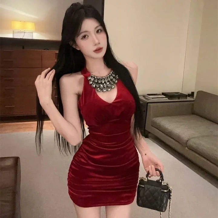 Sexy Velvet Dresses For Women Halter Party Club Vintage Vestidos Mujer Autumn Winter Korean Fashion Mini Dress