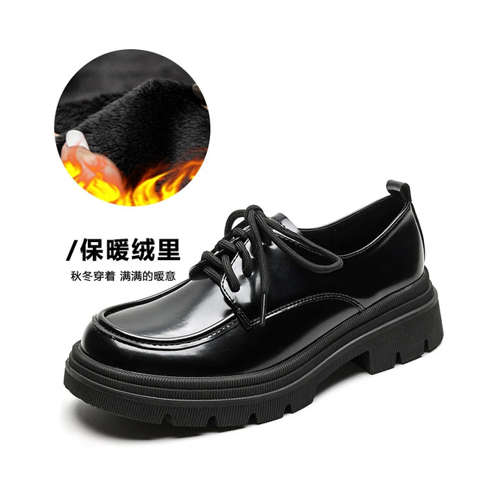 Women Black Lace Up Platform Loafers Retro British Style Leather Shoes Soft Sole Minimalist Casual Daily Footwear