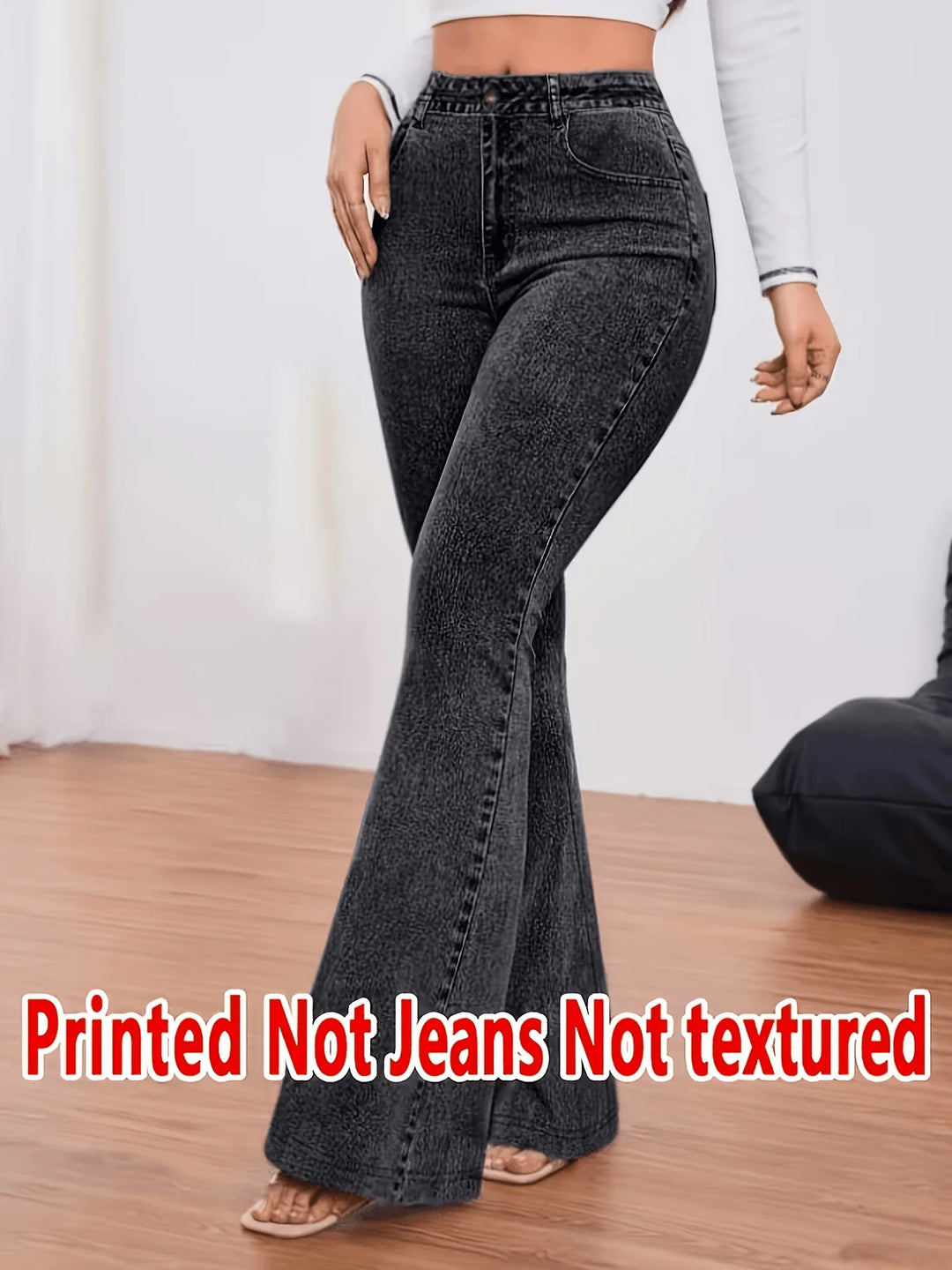 Women Faux Denim Print Flare Pants High Waist Stretch Bootcut Leggings Fake Jeans Bell Bottom Long Trousers