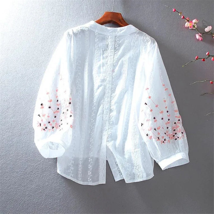 V-Neck Embroider Blouses For Women Shirt Lace Lantern Sleeves Cotton Bluasa LooseTop Casual Versatile Summer Thin Feminine Blous