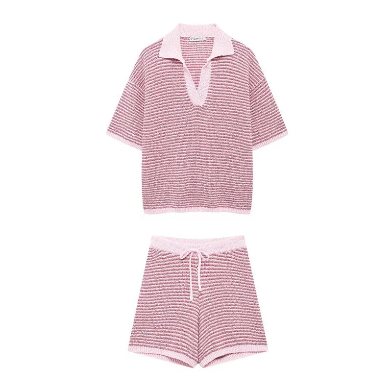 Willshela Women Fashion Two Piece Set Striped Lapel Neck Shirt &amp; Elastic Waist Shorts Chic Lady Women Shorts Sets