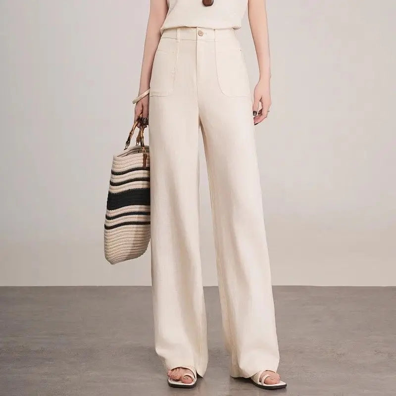 Linen Narrow Straight Leg Pants Women Summer Loose High Waist Casual Wide Leg Cropped Trousers
