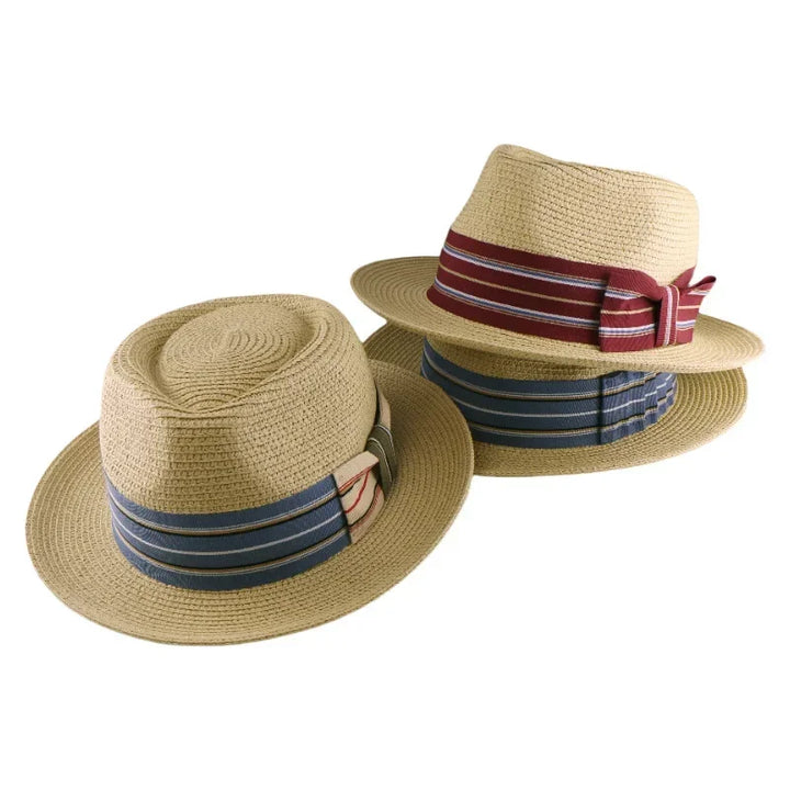 Straw Hat Breathable Braided UV Sun Protection Wide Brim Striped Ribbon Boater for Beach Summer Vacation Outdoor Men Women