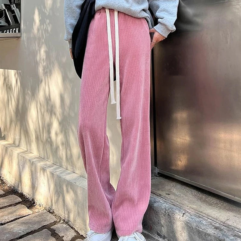 Women High Stretch Waist Wide Leg Pants Summer Drawstring Loose Long Rib Knitted Trousers