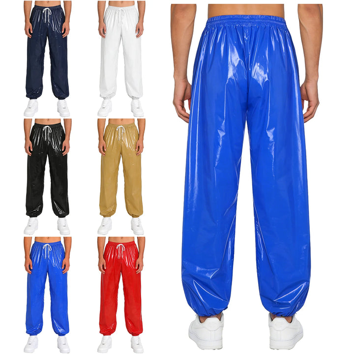 Mens Waterproof Jogger Pants Wet Look Drawstring Elastic Waistband Loose Track Pants Workout Cycling Motorcycle Biker Trousers