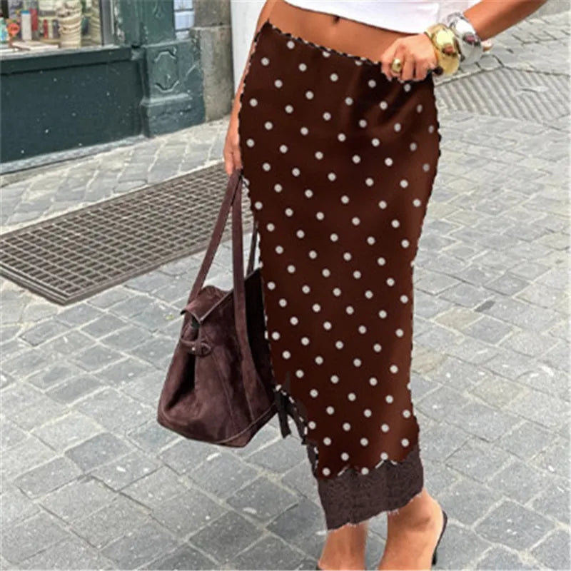hirigin Women Elegant Lace Satin Spliced Midi Skirts Sexy Dots Print High Waist Retro Casual Straight Midi Skirts Y2K Streetwear