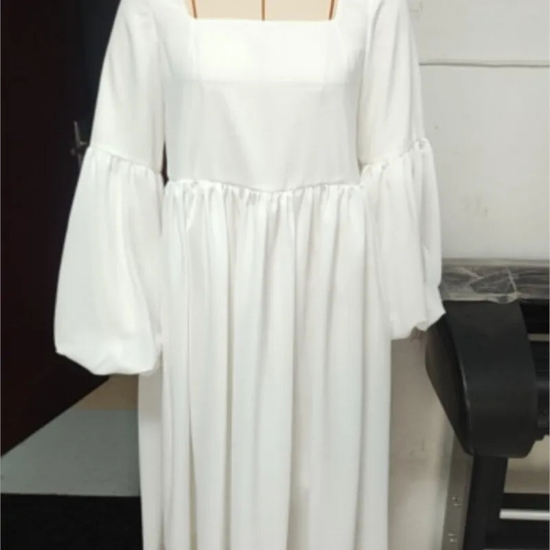 White Elegant Flowy Maxi Dress Woman Sexy Square Collar High Waist Bohemian Long Dresses Spring Lantern Sleeve Loose Party Gowns