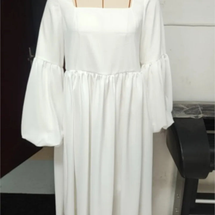White Elegant Flowy Maxi Dress Woman Sexy Square Collar High Waist Bohemian Long Dresses Spring Lantern Sleeve Loose Party Gowns
