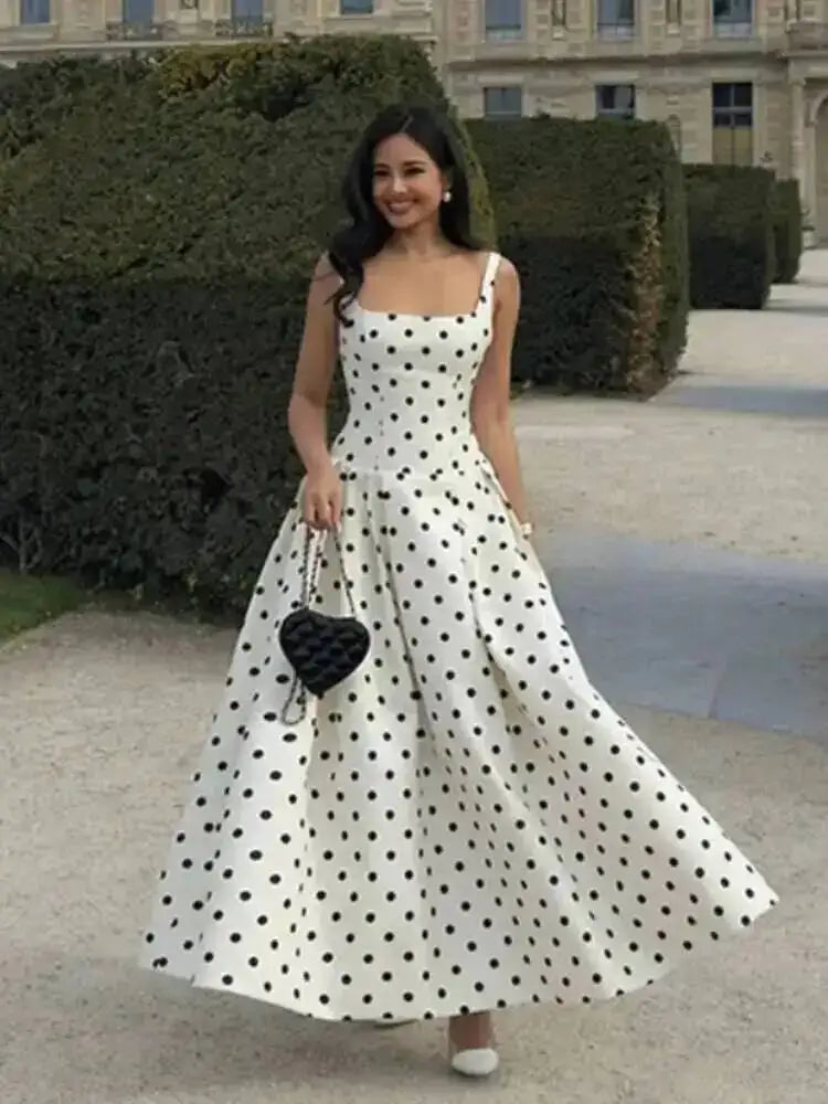 Polka Dot Maxi Dresses Women Elegant Square Neck Lotus Hem Long Gowns Chic Lady Sleeveless High Waist Cinched Summer Robes P3EP