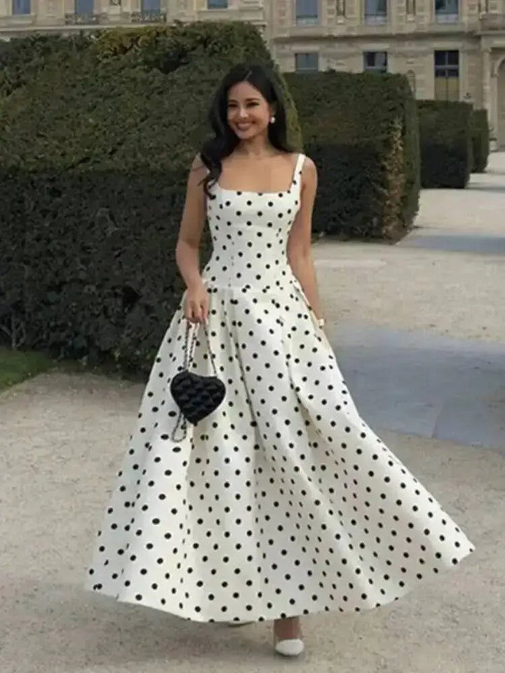 Polka Dot Maxi Dresses Women Elegant Square Neck Lotus Hem Long Gowns Chic Lady Sleeveless High Waist Cinched Summer Robes P3EP