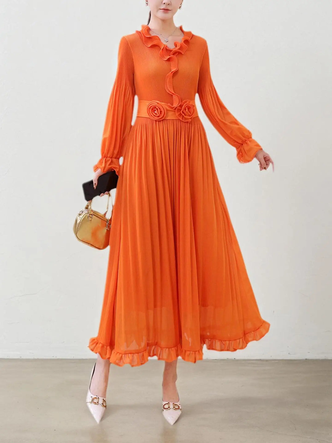 Elegant pleated fitted long dress for women with ruffled trim, luxurious evening gown, new style for Spring/Summer 2026.