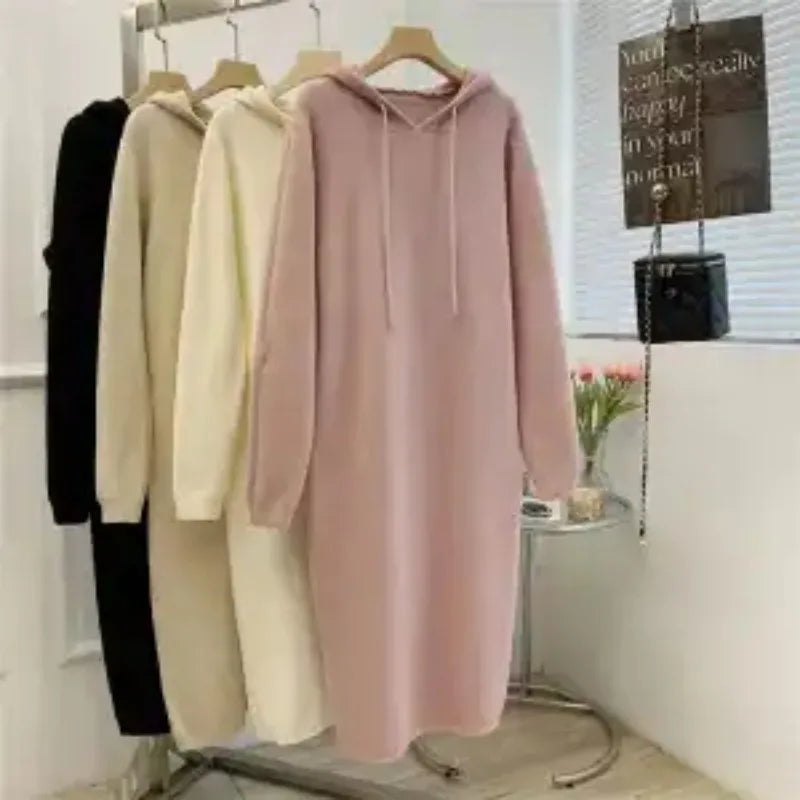 Women Hooded Knit Sweater Dress Long Sleeve Loose Slim Midi Dress Inner Wear For Overcoat Casual Knitwear