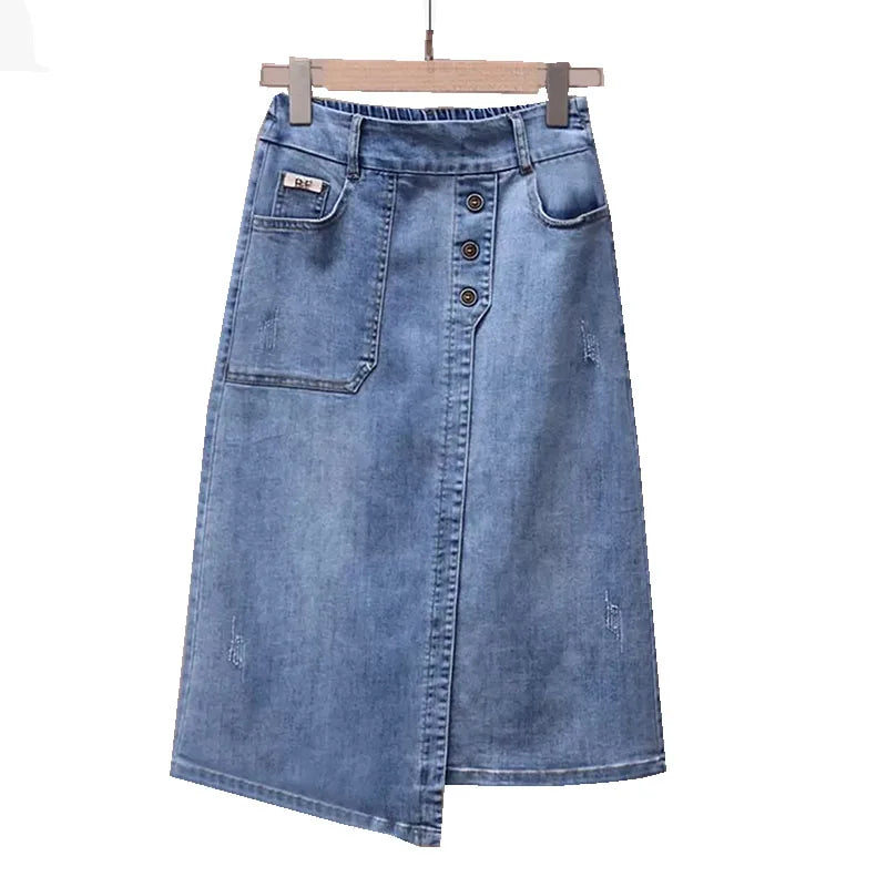 Fashion Asymmetrical Denim Midi Skirt With Belt Women Summer Vintage Jeans Pencil Skirt Elastic Back High Waist Women Midi Skirt