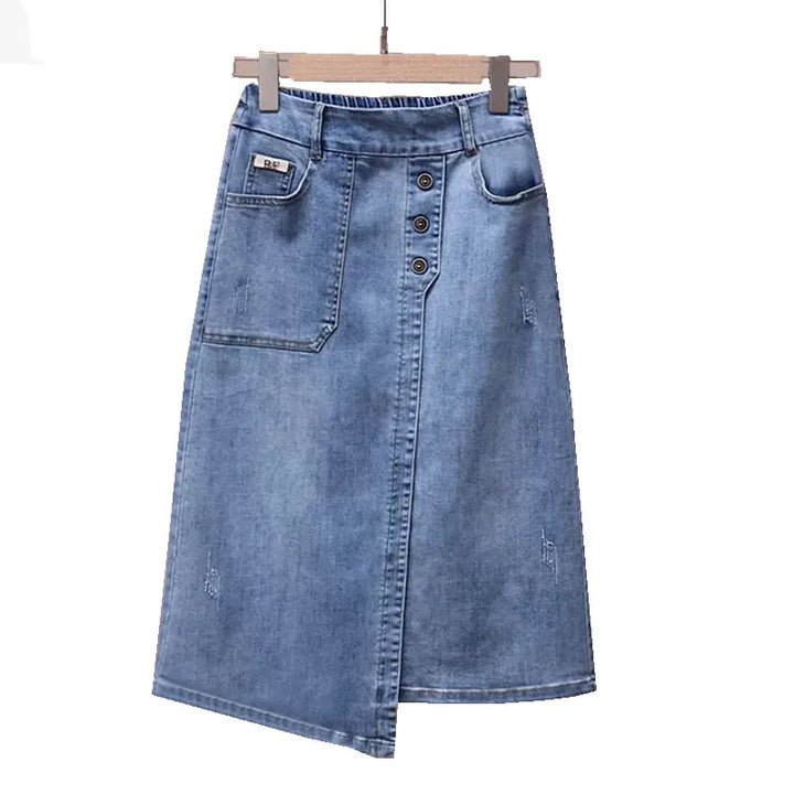 Fashion Asymmetrical Denim Midi Skirt With Belt Women Summer Vintage Jeans Pencil Skirt Elastic Back High Waist Women Midi Skirt