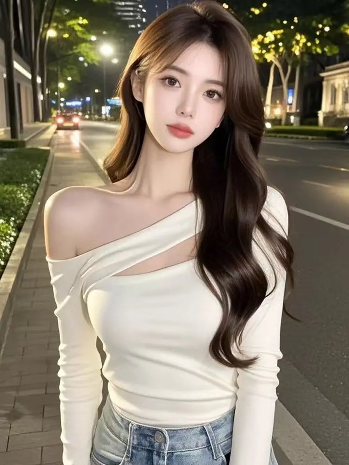 French Off-Shoulder Oblique Collar Long Sleeve Top Women Autumn New Fashion Slimming Versatile T-Shirt