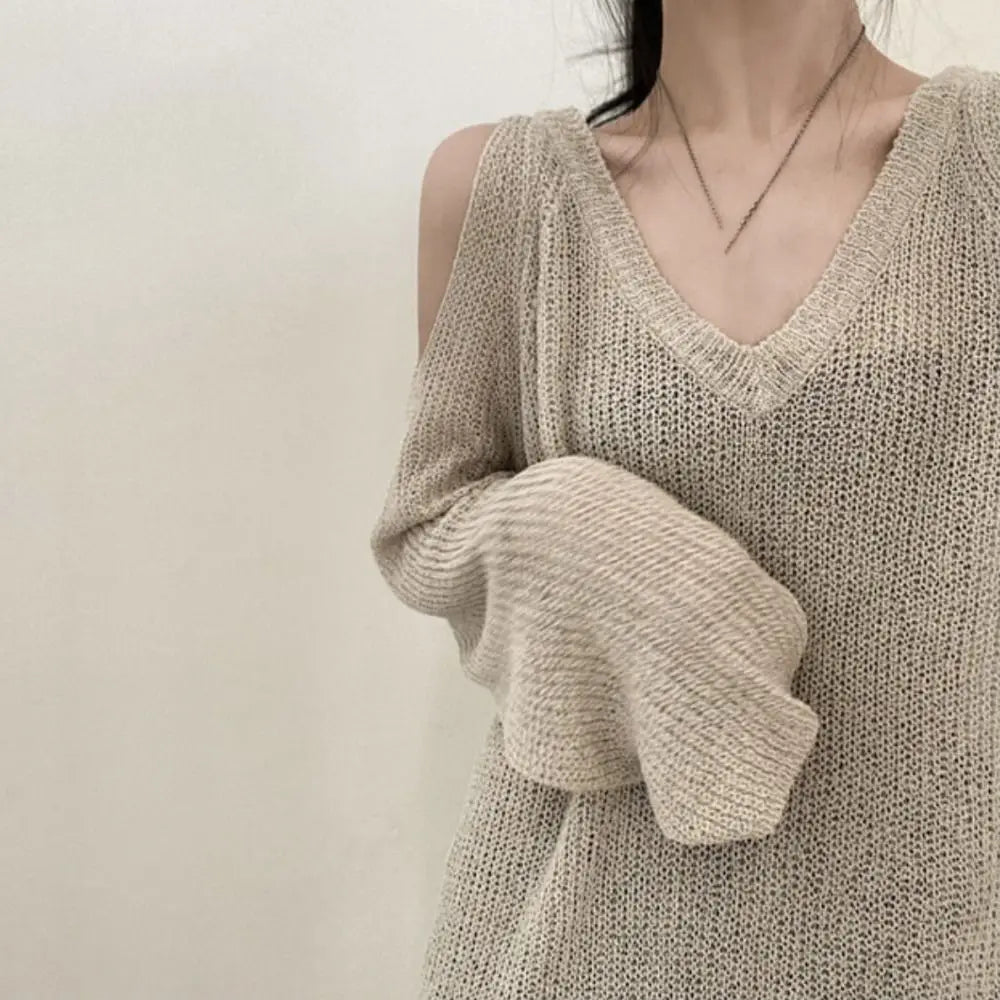 Fashion Hollow Out Knit Long T-shirt Pullover V-neck Crochet Knitwear Long Sleeve Chic Knitted Loose Top Women