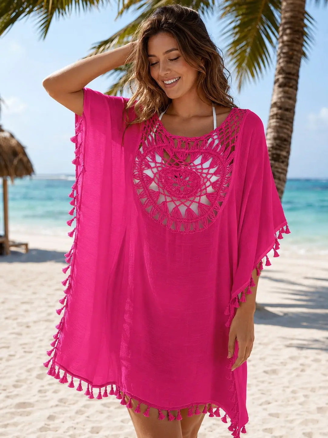 Women Crochet Tassel Beach Cover Up Hollow Out Batwing Sleeve Swim Cover Dress Boho Bikini Swimsuit Cover Up for Vacation