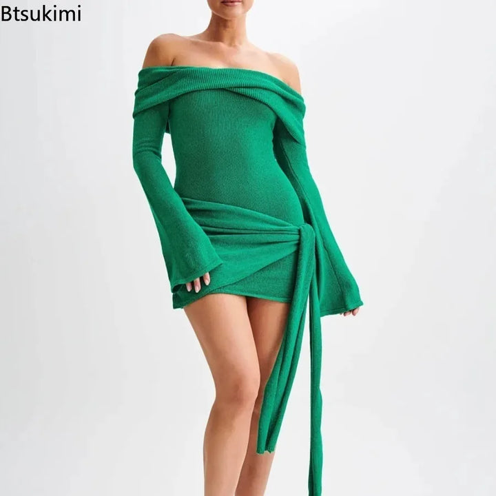 2026 Knitted Sweater Dresse for Women Fashion Lace-Up Off-Shoulder Mini Dress Solid Slim Patchwork Twist Ribbed Knitwear Dress