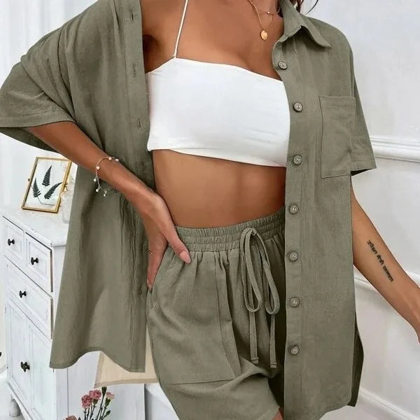 Fashion Women Shirt + Shorts Two Piece Set Solid Color Shirt Suit 2025 New Casual Loose Short Sleeve Single Breasted Women&