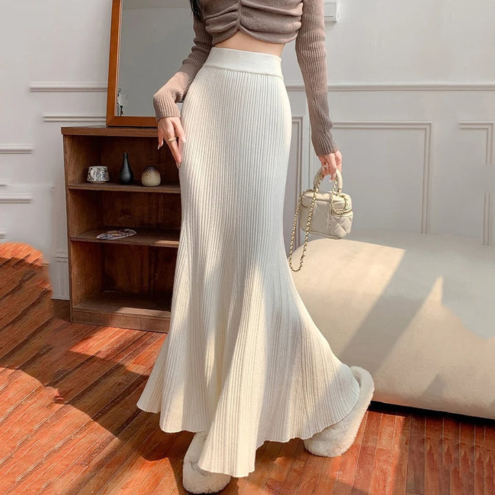 Sexy Hip-Wrapped Knitting Long Skirt for Women Elegant Elastic High Waist Mermaid Skirts Woman Pleated A Line Midi Skirt Ladies
