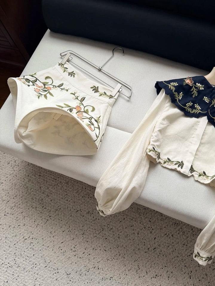 Women 100% Linen 2 Piece Set Heavy Embroidery Detachable Collar Lantern Sleeve Shirt tops &amp; High Waist Casual Shorts