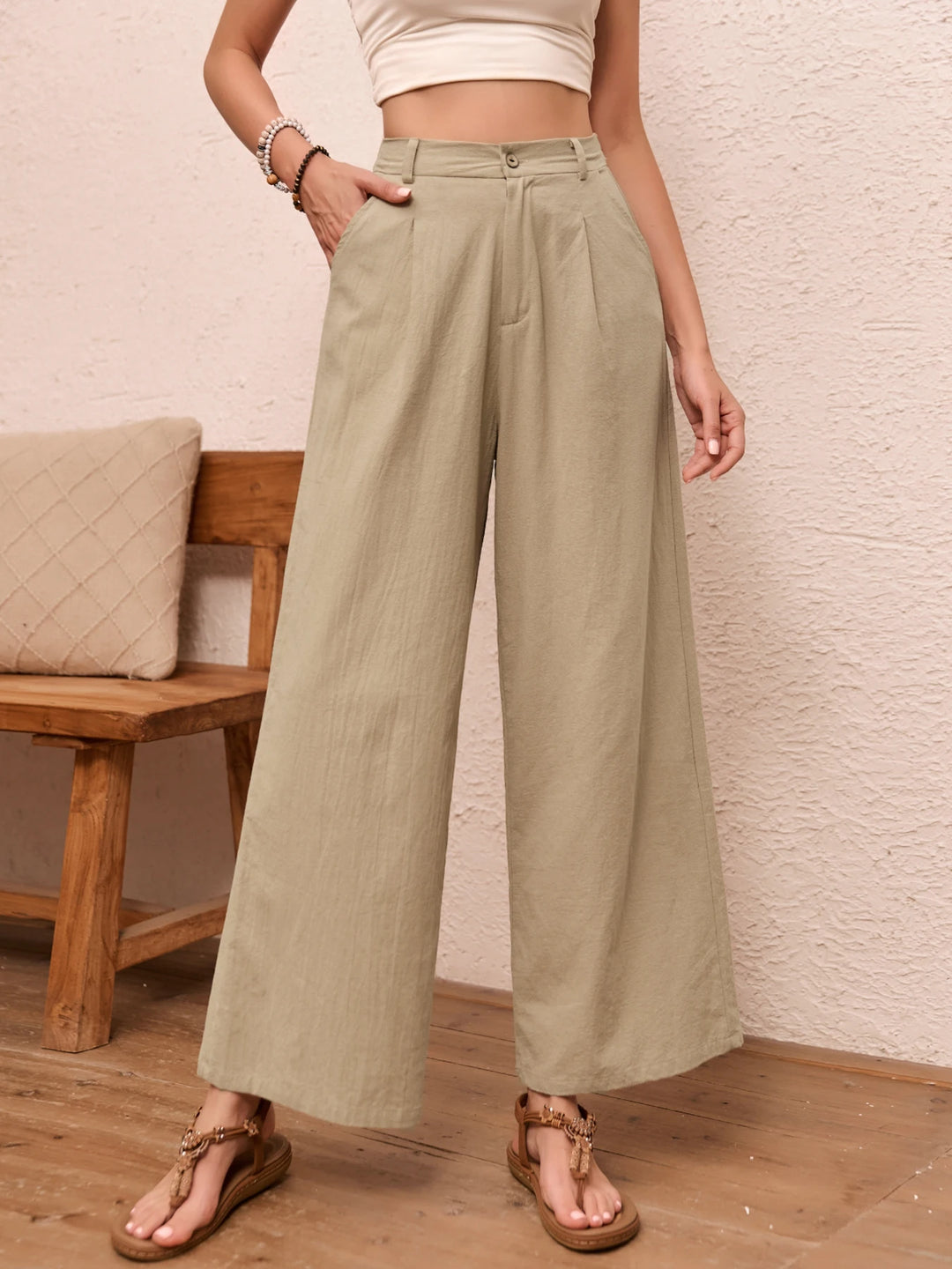 Elegant Solid Color Linen Wide Leg Pants for Women High Waist Drapey Casual Summer Loose Slimming Long Trousers Spring Autumn