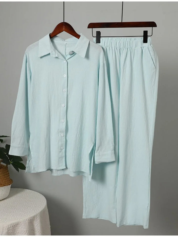 Women Muslim Set Wide Leg Pants Set Two Piece Set Cotton Linen Buttons Shirt Suit Ramadan Eid Dubai Ensemble Arabic Outfits