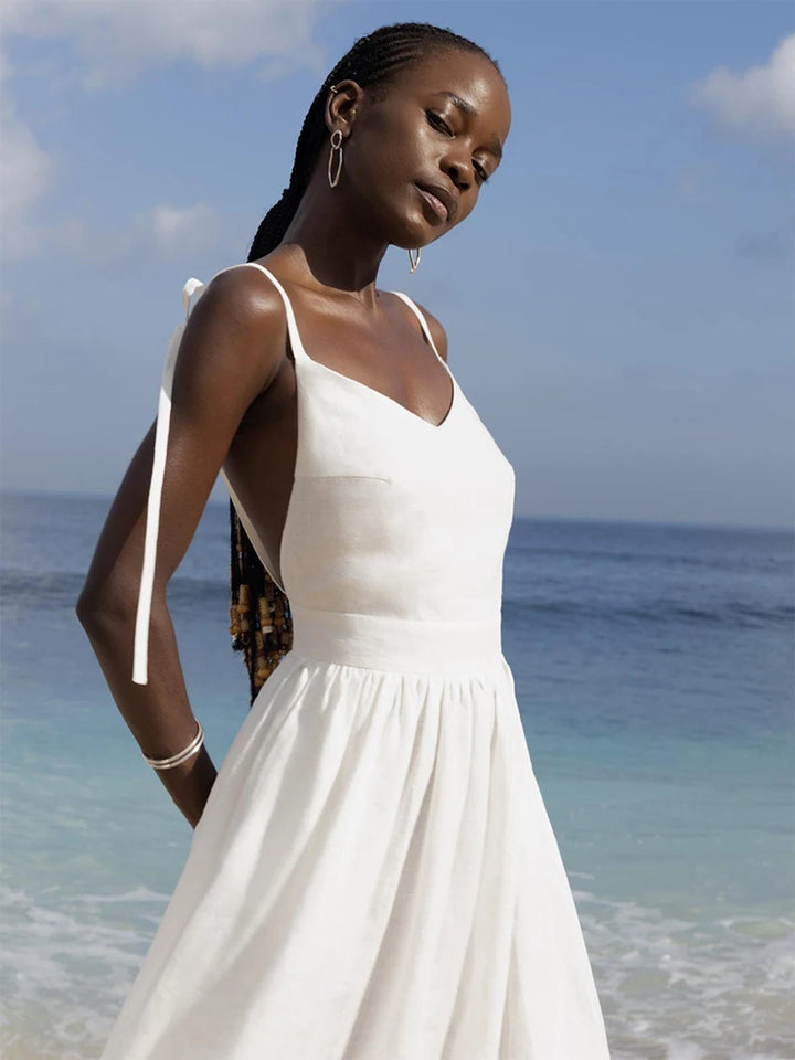 WXOY Cotton Backless Maxi Dress French Style Spaghetti Strap Solid Color Elegant Holiday Sleeveless Sundress Vacation Outfit