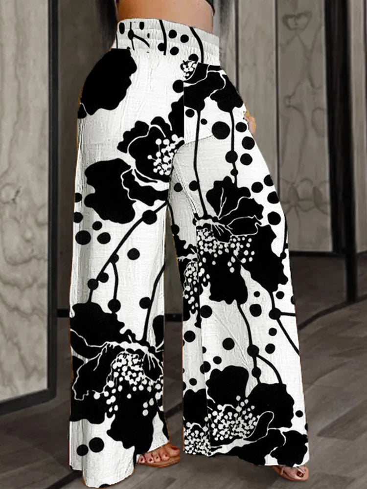 Women Plus Size Wide Leg Pants Elastic High Waist Loose Fit Abstract Print Pants Casual All-Season Trousers Female Streetwear