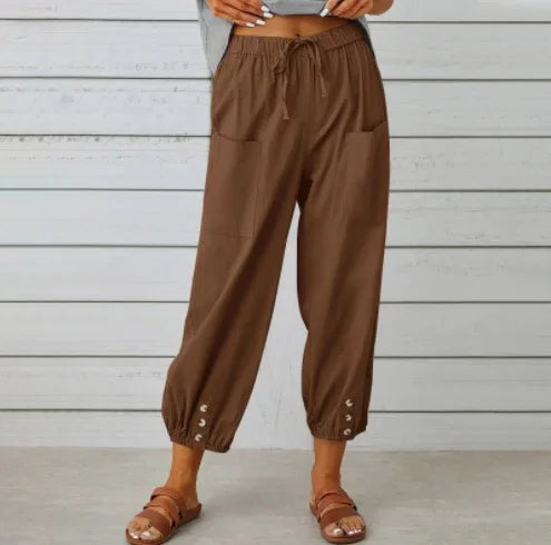 Women Cotton Linen Pants 2025 Autumn Solid Color Elastic Waist Loose Straight Trousers Female Harajuku High Waist Wide Leg Pants