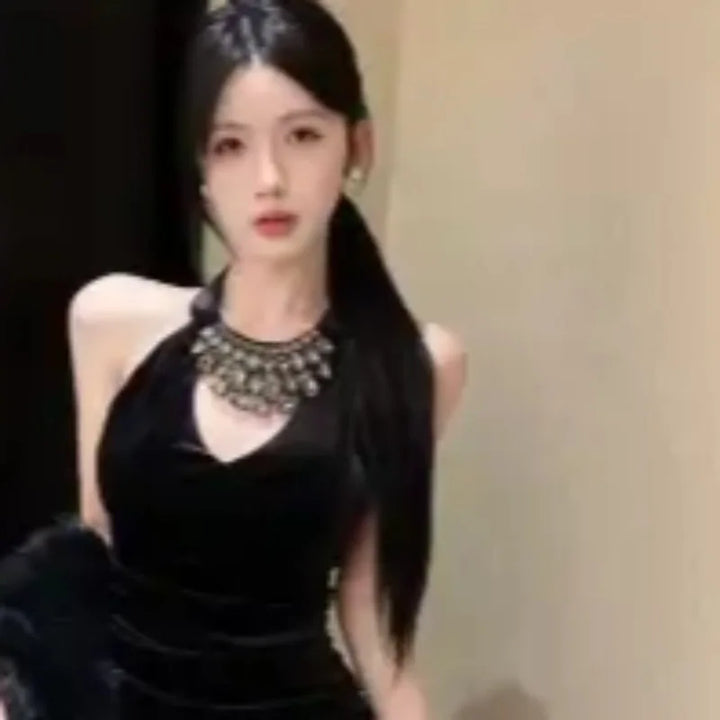 Sexy Velvet Dresses For Women Halter Party Club Vintage Vestidos Mujer Autumn Winter Korean Fashion Mini Dress