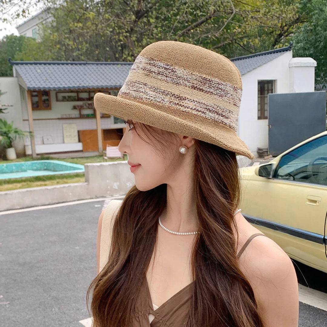 Straw  Fedora Hat  Bowler hat Short Brim Wool Felt Panama Cap  Sun Summer Hemming  Beach Hat for Women