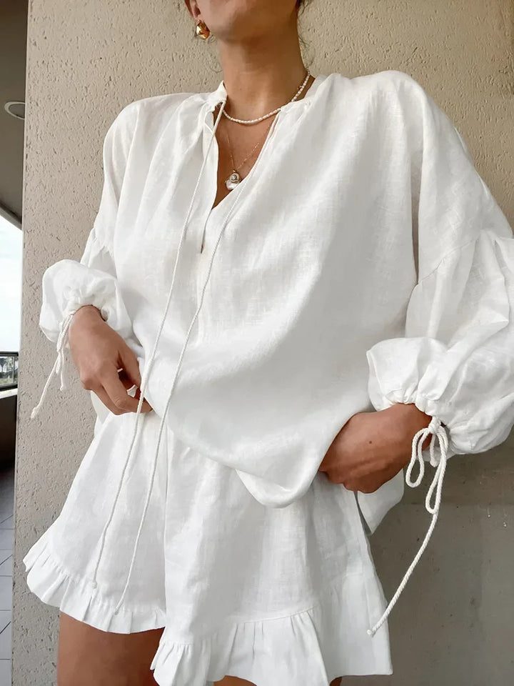 Women Cotton Linen Short Pants Sets Casual Long Sleeve Pullover with Shorts Loose Y2k Streetwear 2 Pieces Outfit Matching Sets