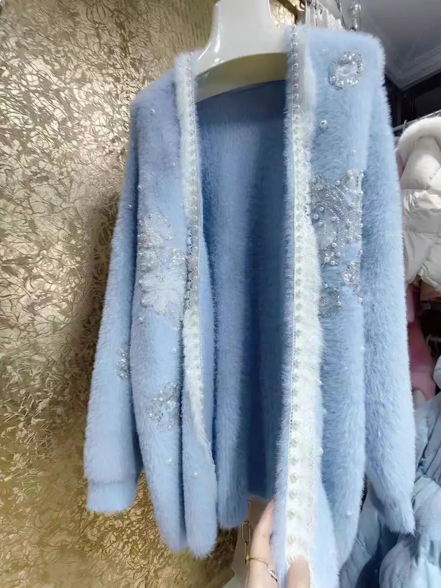 New In Winter 2025 Long Thick Knitwear Cardigan Coat for Women Long Sleeve Faux Fur Warm Sweater Jacket Korean Popular Clothes