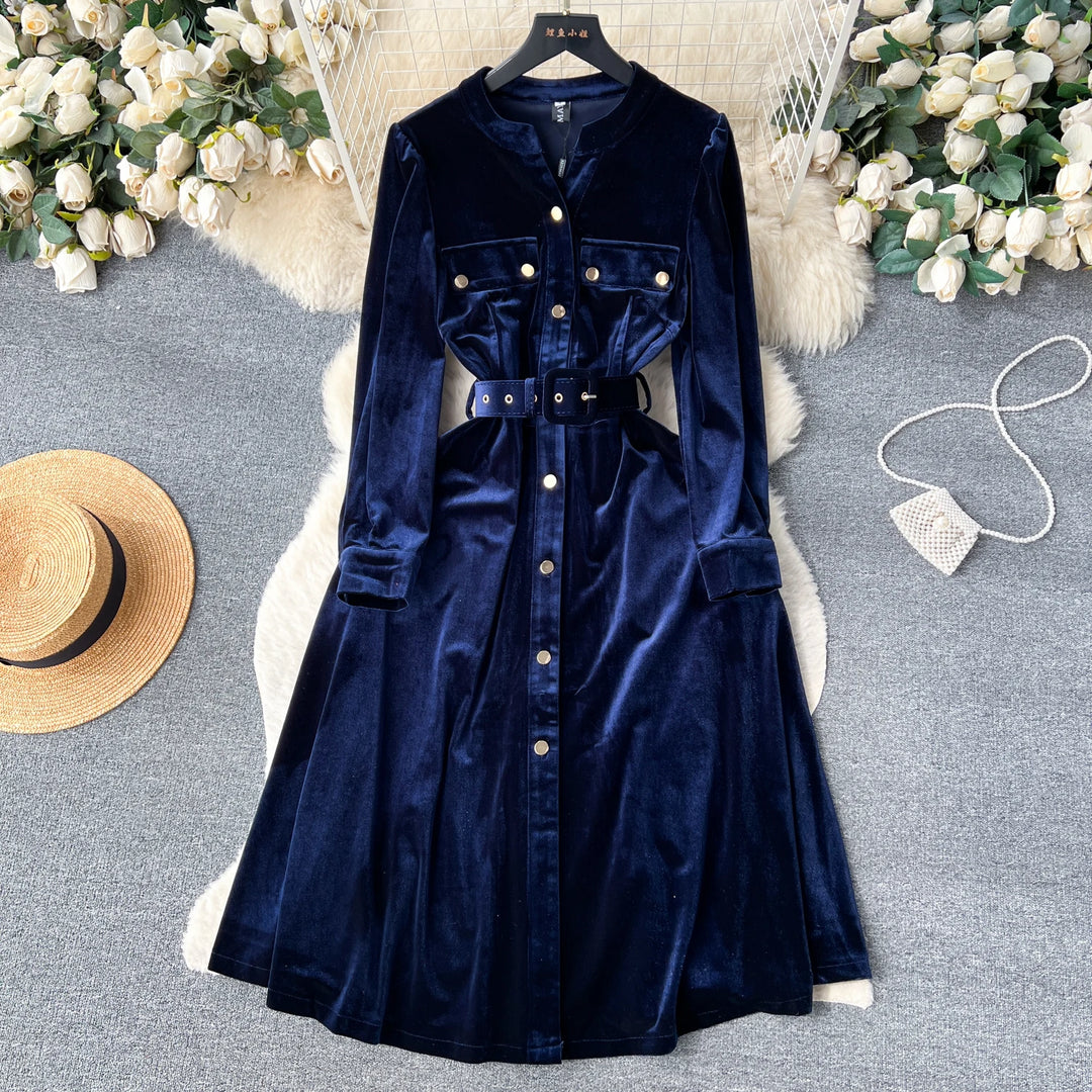 Autumn Vintage Solid Velvet Dress for Women Winter V-neck Long Sleeve Belts Slim A-line Midi Dress Robes Femme