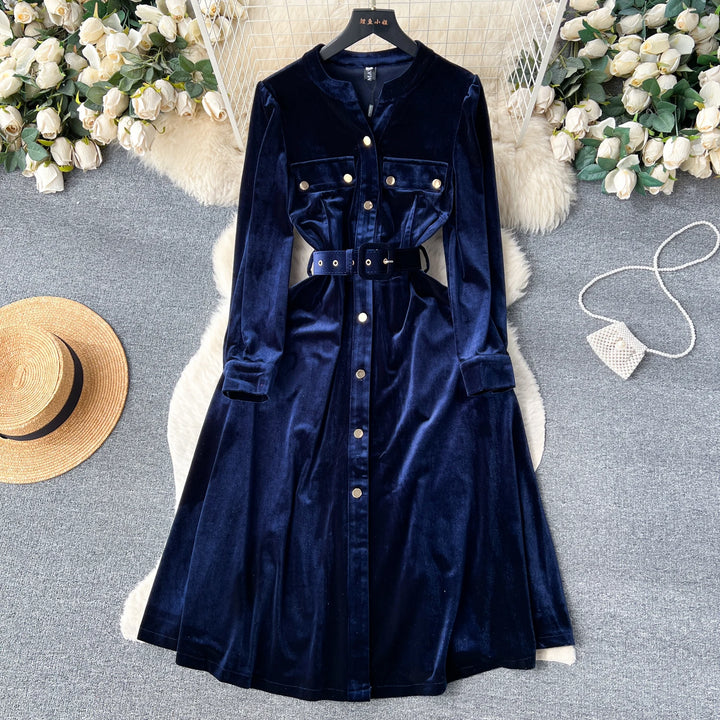 Autumn Vintage Solid Velvet Dress for Women Winter V-neck Long Sleeve Belts Slim A-line Midi Dress Robes Femme