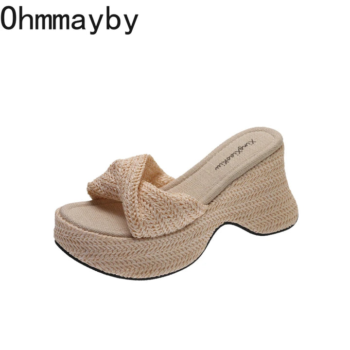 Summer Women Straw Woven Platform Slippers Fashion Bohemian Wedges Heel Slides Open Toe Ladies Elegant Party Dress Sandalias
