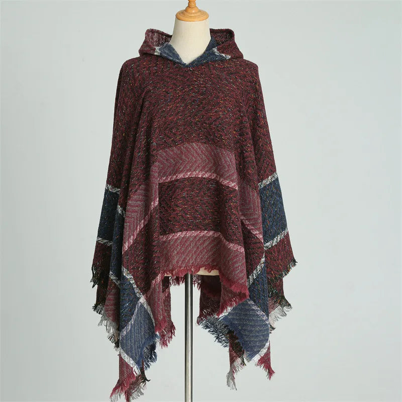 Knitted Imitation Cashmere Poncho Scarf Shawl Hooded Cape Pullover Cloak Scarves Tassels Coat Elegant Casual Outerwear for Women