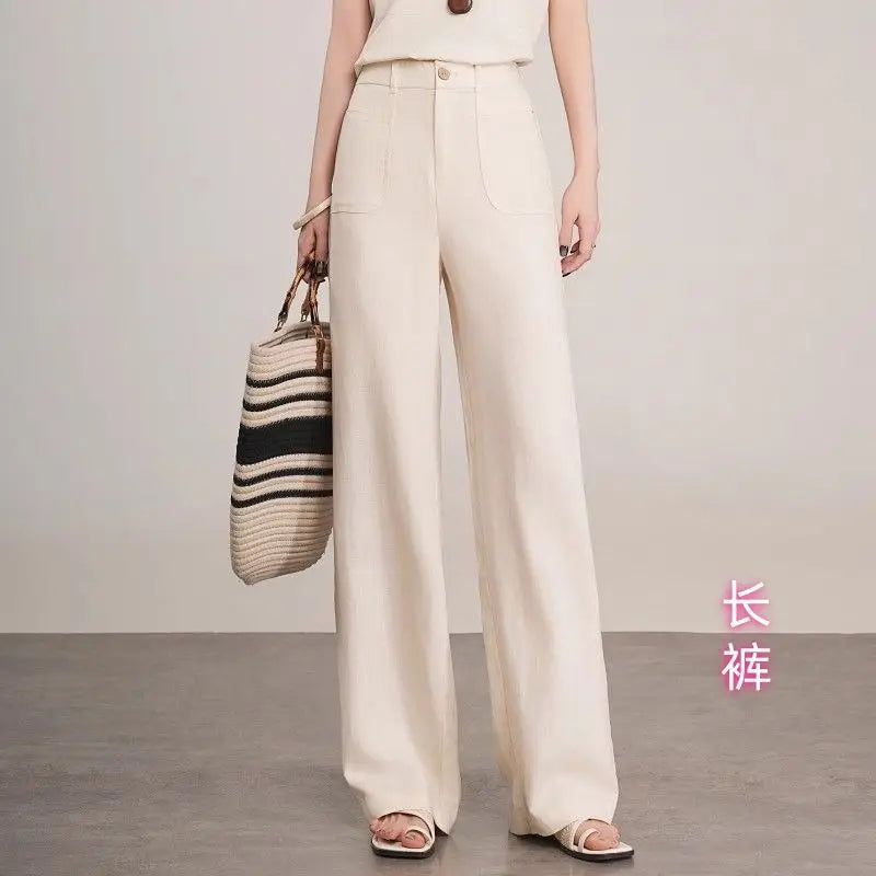 Linen Narrow Straight Leg Pants Women Summer Loose High Waist Casual Wide Leg Cropped Trousers