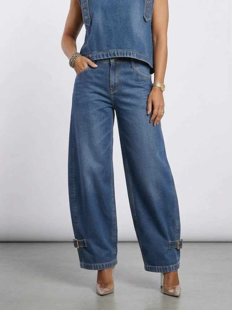 Missuoo 2026 New American Retro Women's Jeans Blue High Waist Curved Wide Leg Denim Trousers with Buckles for Street Style