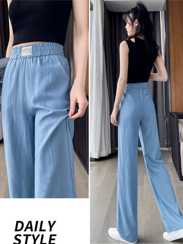 High Waist Denim Wide Leg Pants Women Summer Thin High Waist Drapey Casual Ice Silk Cool Pants Lightweight Breathable Trousers