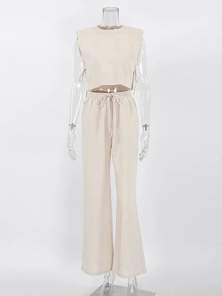 Spring Summer 2025 Women Holiday Linen Pant Set Crop Tops Solid Outfits 2 Two Piece Matching Set For Women