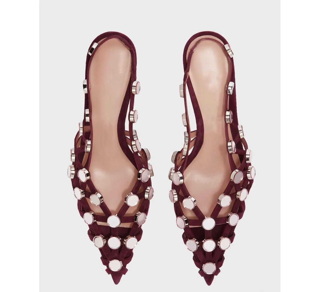 Summer Women Burgundy Suede Cutout Kitten Heel Slingback Sandals Metal Disc Decoration Pointed Toe Elegant Evening Party Pumps