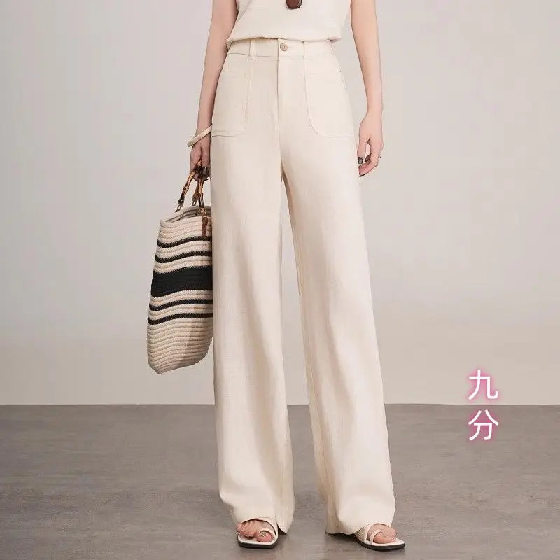 Linen Narrow Straight Leg Pants Women Summer Loose High Waist Casual Wide Leg Cropped Trousers
